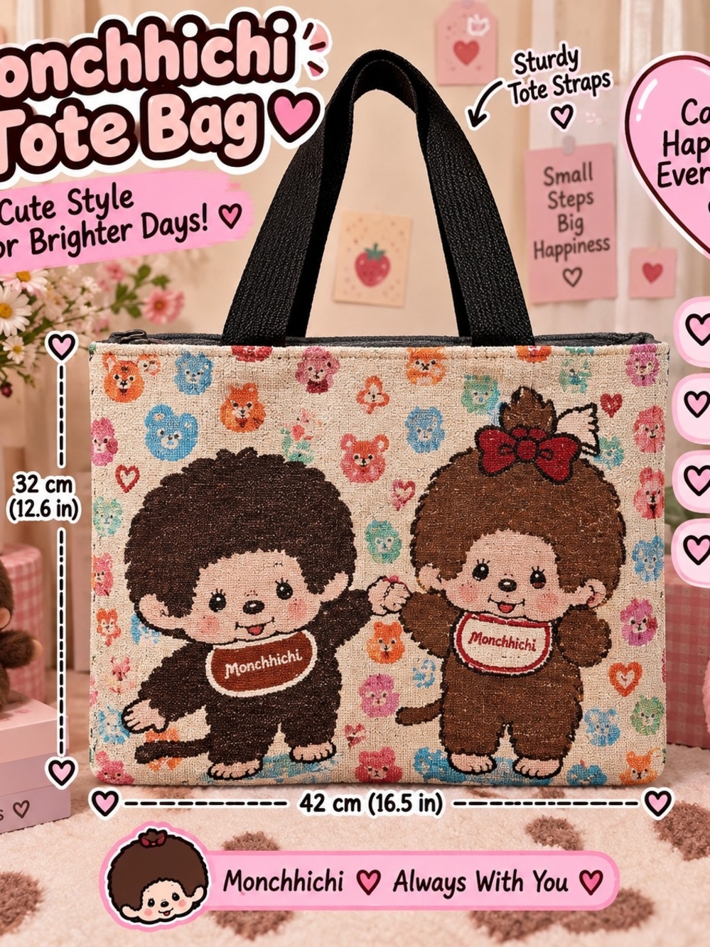 Cute Character Tote Bag in Beige and Brown